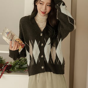 アーガイルウールカーディガン 韓国ファッション クオーバーシルエット/大人かわいい C120643