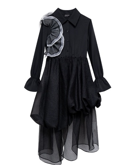 レディース ワンピース シャツワンピ イレギュラーヘムスカート アシンメトリー 長袖 萌袖 フリル袖 襟付き 角襟 フリル 切り替えデザイン メッシュ かわいい 上品 おしゃれ かっこいい 個性的