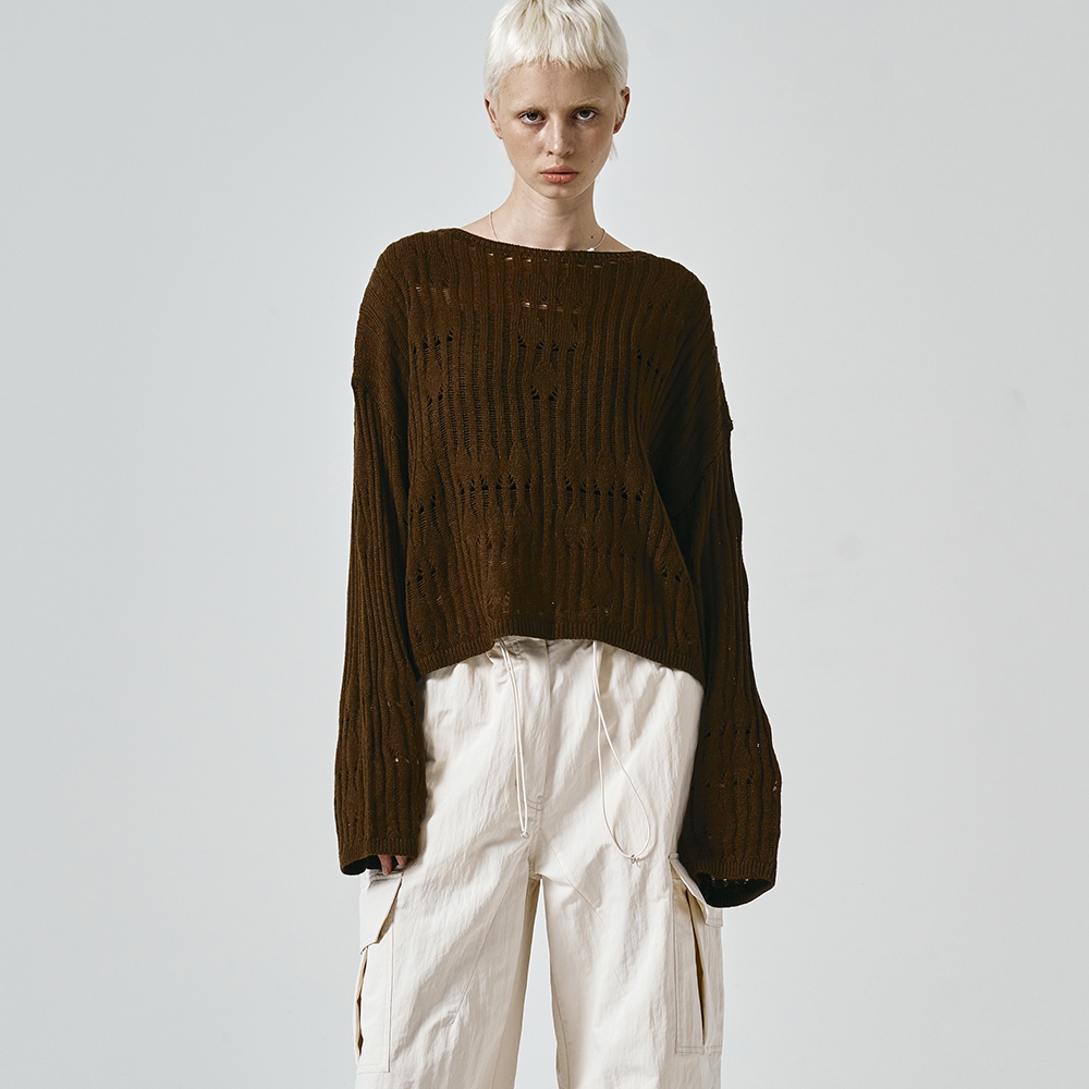 【NOIER】 WOOL DAMAGED BOAT-NECK KNIT TOP : BROWN 8,643円