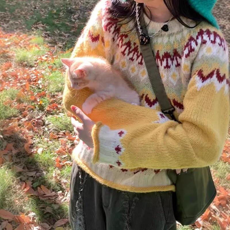 gifts for women keep warm クリスマスレトロニットかぎ針編みセーター女性暖かいバンプ袖口ロールアップラウンドネックプルオーバーコート