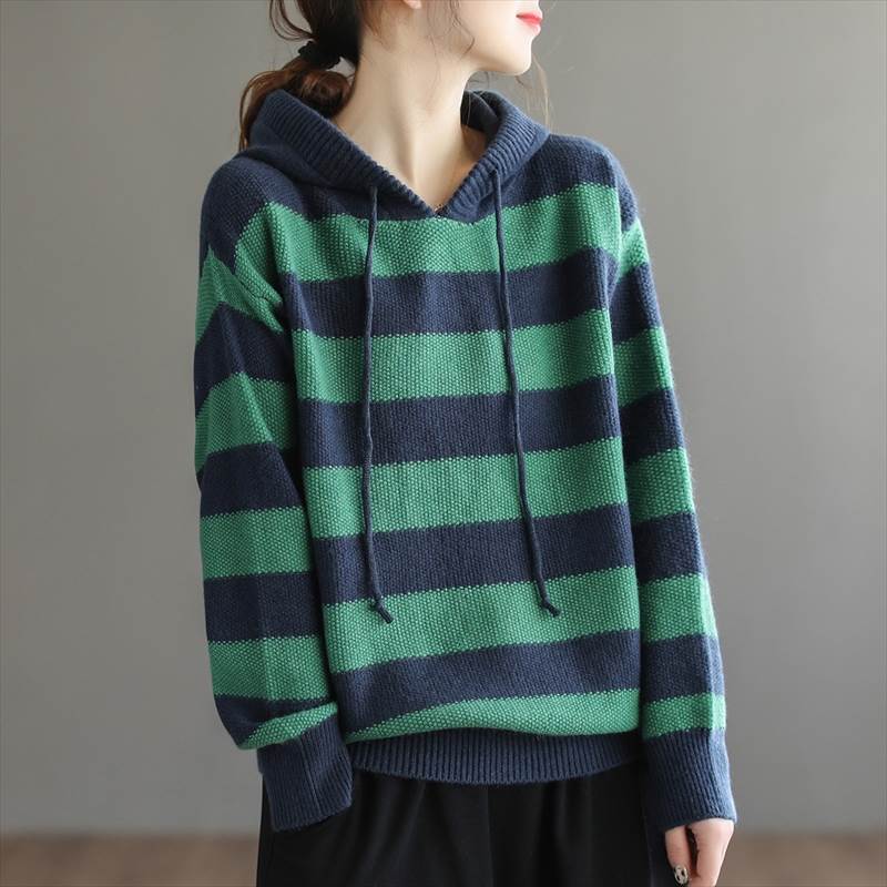 トップス セーター フーディー ニット 個性的 袖あり 長袖 ドロップショルダー フード付き ボーダー 柄 緑 グレー アイボリー 春 秋 冬 大人可愛い シンプル カジュアル 大人可愛い お洒落 か 5,530円