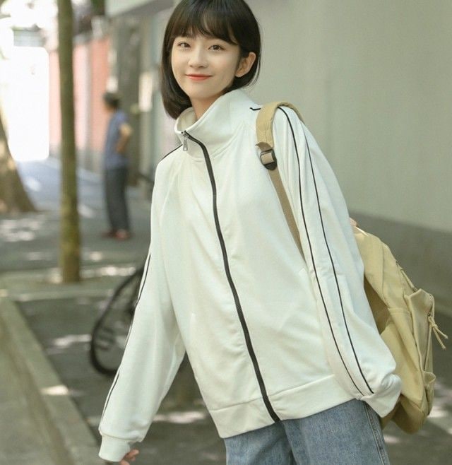 ジップジャケット ライン ジャンパー ブルゾン レディース アウター 春 秋 ジップアップ カジュアル ゆったり 白 シンプル ストリート系 オーバーサイズ ビ