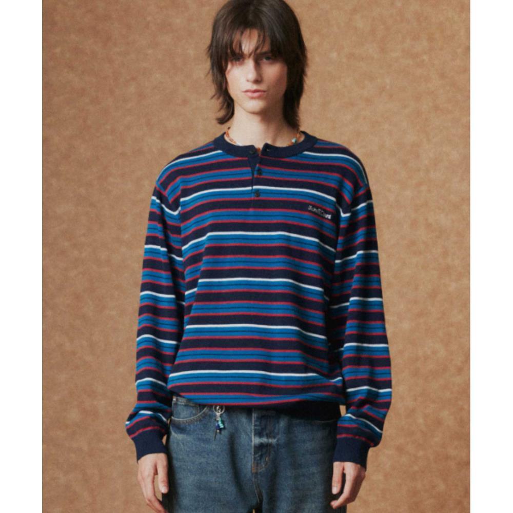WMC Multi-stripe henley neck knit NAVY O-MOBBR4Z91056