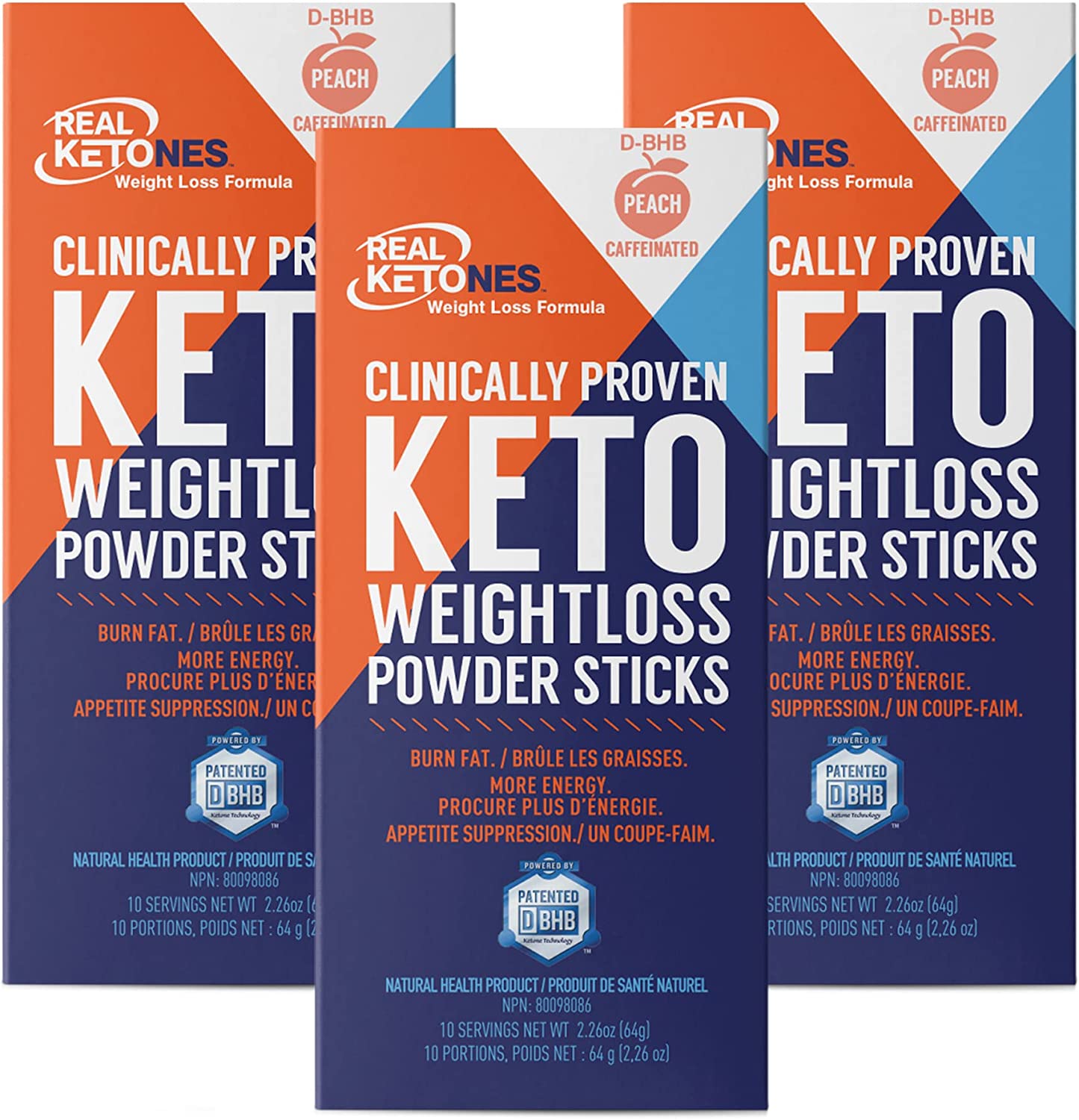 リアル ケトン ピーチ外因性ケト D BHB + カフェイン + 電解質ドリンク ミックス パウダー - 30 スティック
