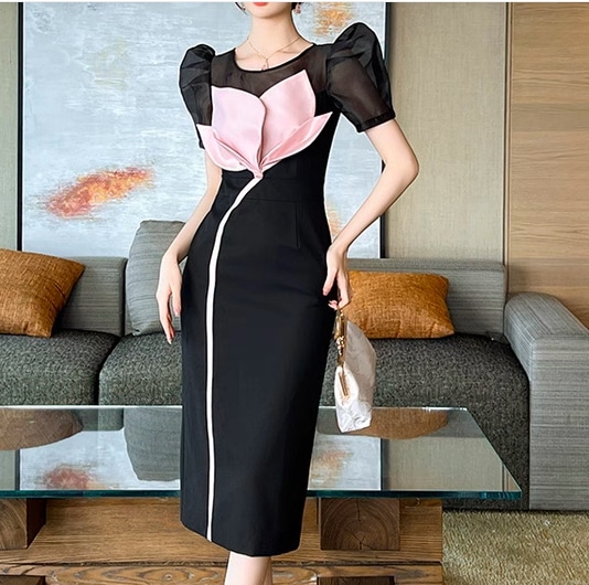 レディース ワンピース ドレス ミモレ ミディー 半袖 パフスリーブ シースルー袖 クルーネック 襟なし ノーカラー Iライン 切り替え ドッキング パッチワーク ファスナー ハイウエスト