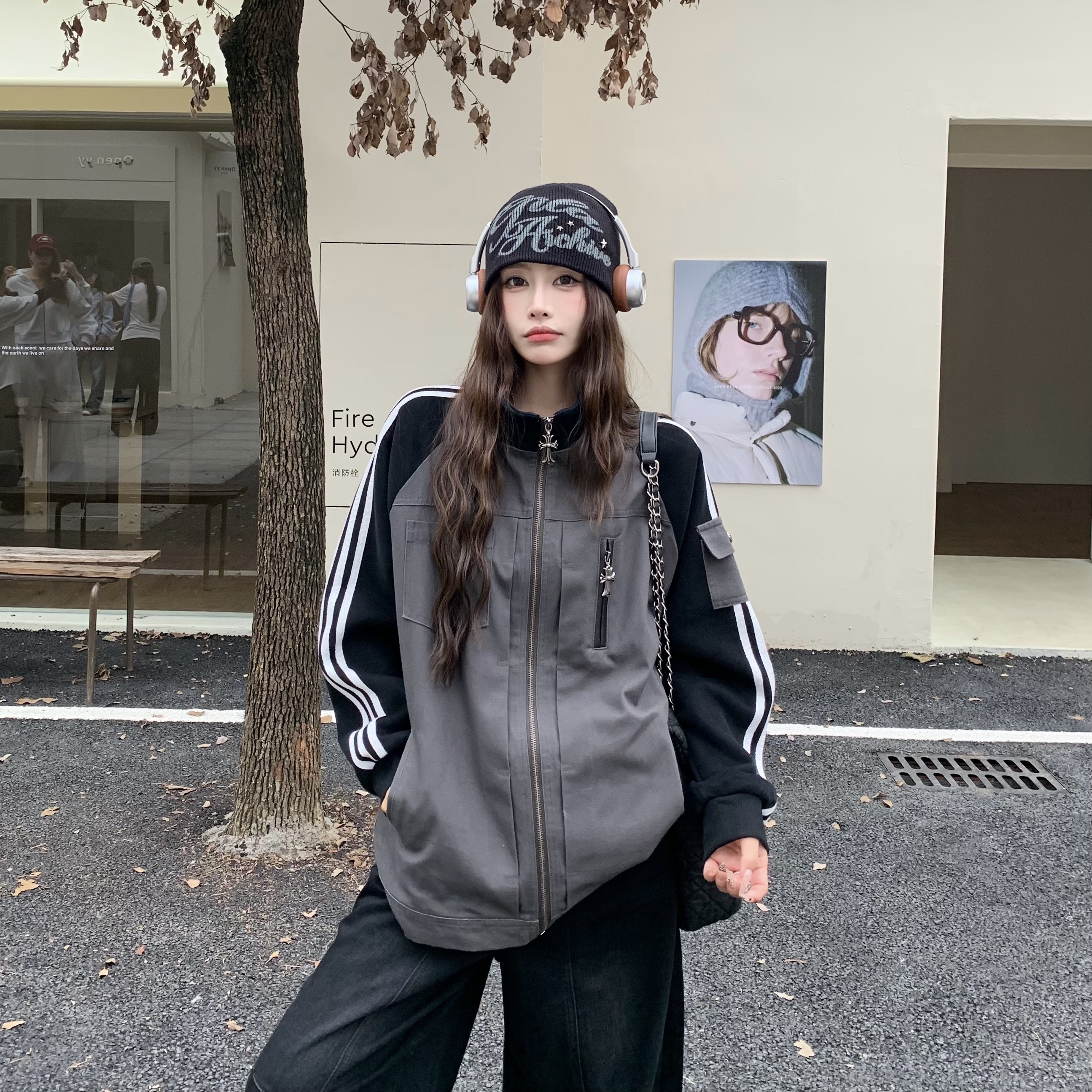 主役級の存在感 デニムブルゾン レディース 秋 冬 アウター スタンドカラー切り替え異素材配色ダンス衣装オーバーサイズゆったりビッグシルエットストリート韓国ファッション風グレー羽織る厚手防寒トラック