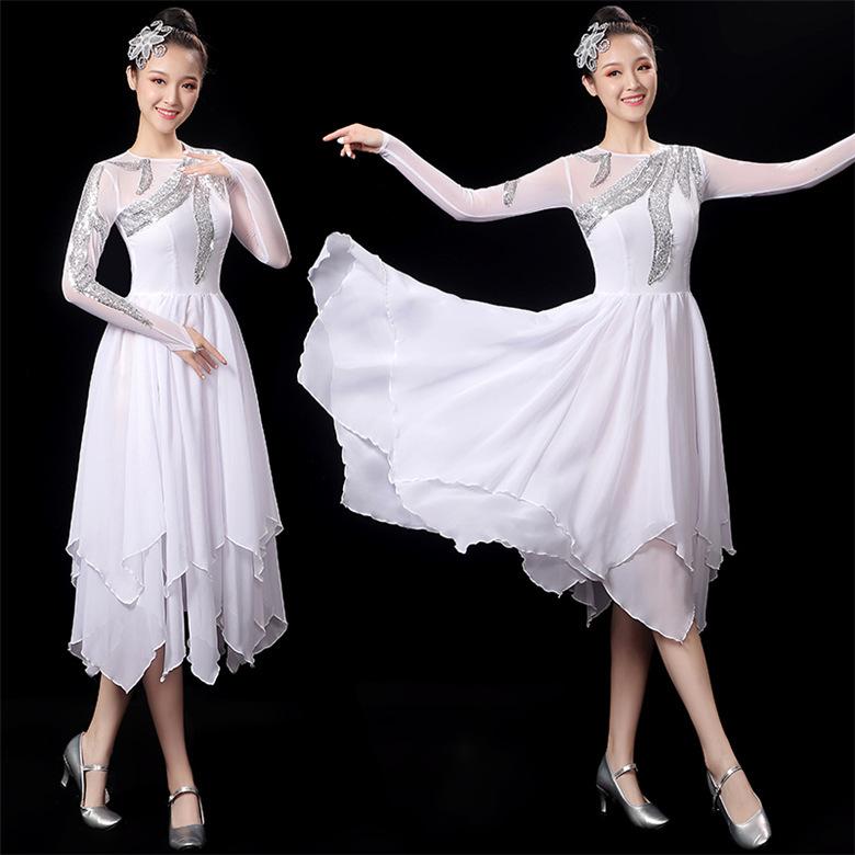 今週の新製品 タイムセール ワンピース レディース ロングドレス ダンスウエア 白 洋服 長袖 シフォン 舞台衣装 モダンダンス 部活 イベント 公演 発表会 コスチューム 在庫が限られている在庫が限