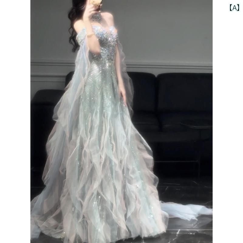 ドレス　パーティー　レディース トースト ドレス 花嫁 ハイエンド 軽量 ラグジュアリー ワンショルダー 婚約 誕生日 パーティー フィッシュ テール ホスト ヘビー イブニングドレス スカート