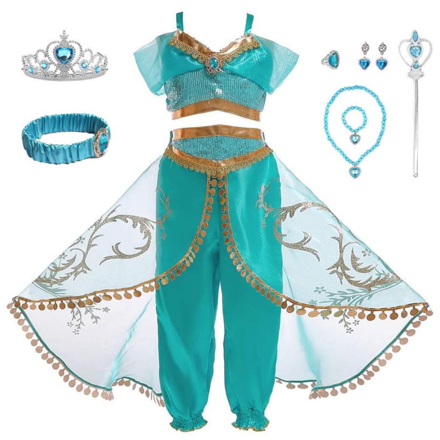 2025ジャスミン ドレス 子供 コスプレ 衣装 豪華９点 セット ドレス上下 ヘアバンド ティアラ ステッキ ネックレス イヤリング など 100 110 120 130 140【 5,085円