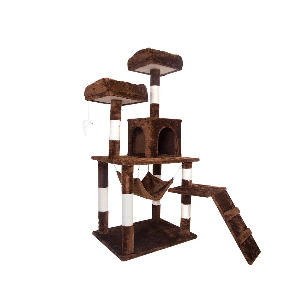 キャットタワー 据え置き ハンモック 麻紐 全高145cm　ブラウン