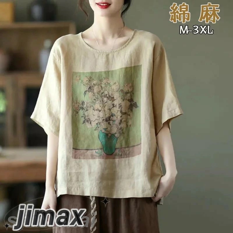 Tシャツ 半袖クルーネック綿麻ゆったりとしたラージサイズのカジュアルな女性の夏の新しい半袖 レディース トップス おしゃれ カジュアル春夏 大人カジュアル ホワイトデー