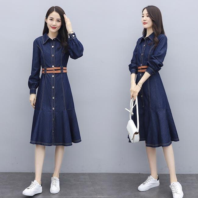 春 夏 デニムワンピース レディース 長袖 ワンピース デニム ロングワンピ シャツワンピ フレアワンピース レトロ 長袖ワンピース 春 秋