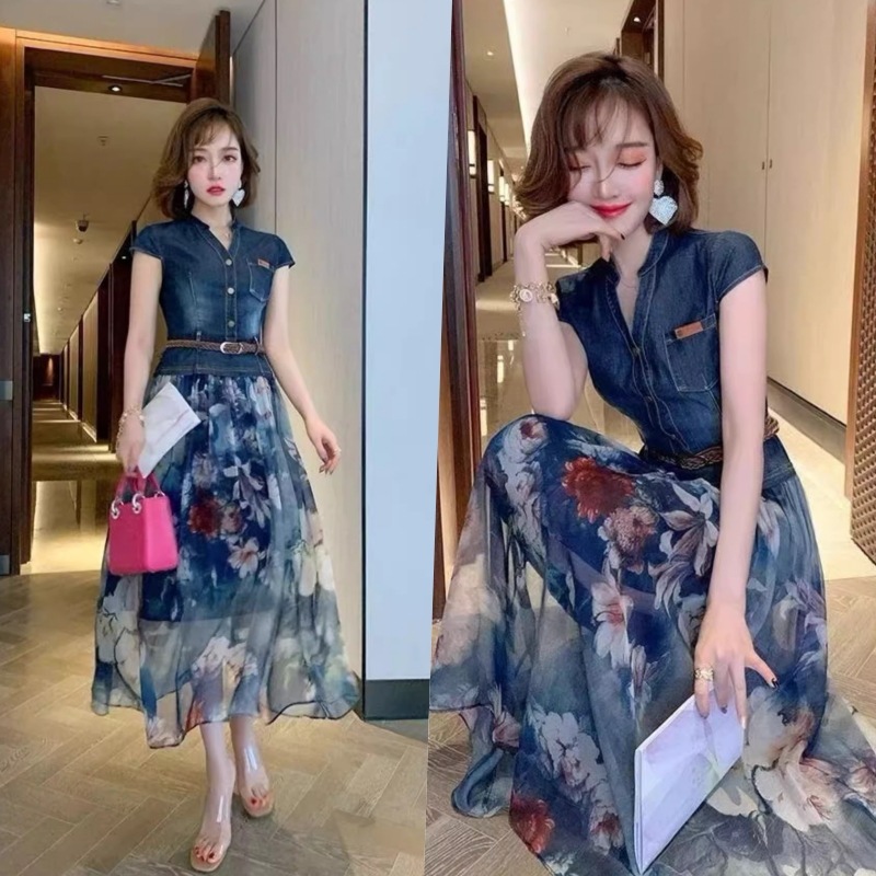 ワンピース レディース スカート ミモレ丈 前開き 襟付き 膝下 袖あり 半袖 デニム 切り返し ハイウエスト シフォン Aライン 透け感 フラワー 花 女の子っぽい 普段使い きれいめ 8,835円