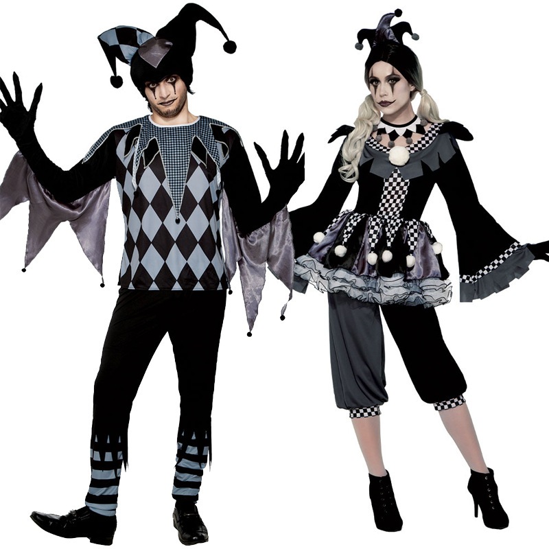 ハロウィン衣装大人のピエロ衣装白黒パッチワークピエロ衣装帽子付きピエロ衣装