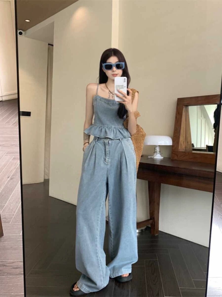 【セットアップ】デニムセットアップ 上下セット キャミソール ツーピース レディース デート お出掛け スタイルアップ レイヤードコーデ 夏コーデ デニムコーデ かわいい a5105