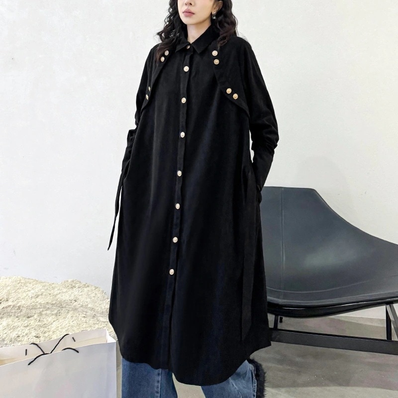 山本暗黒風コーデュロイシャツワンピース女性春秋新ゆ大きいサイズ ロングワンピース