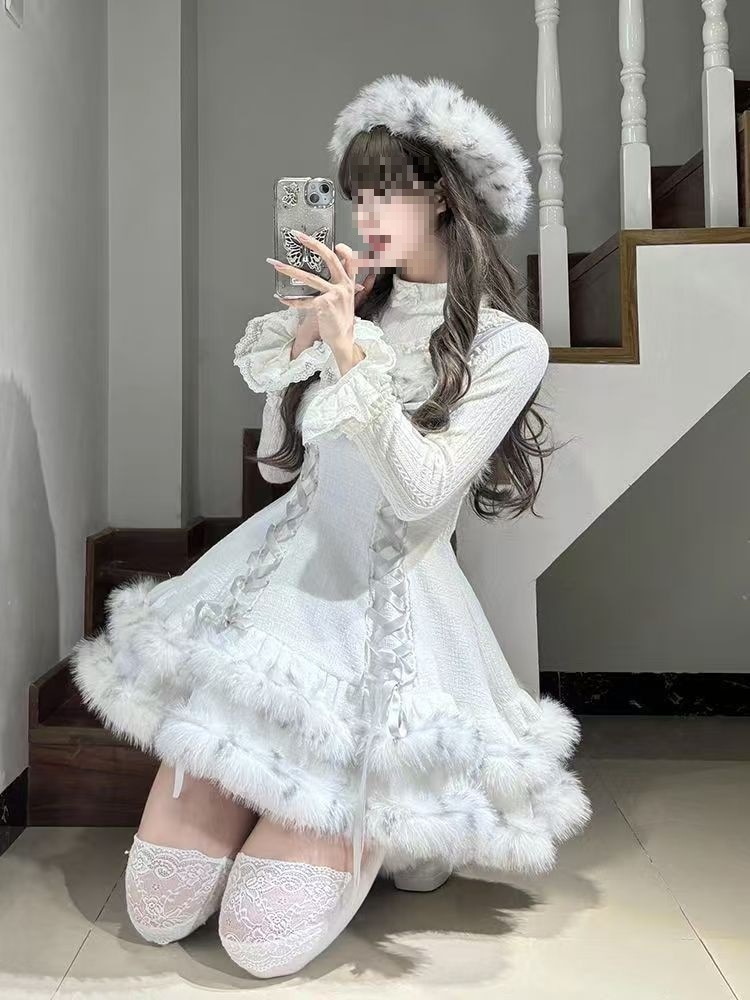 ロリータ クリスマスの新作ガウン着合わせ衣装ロリータ長袖ロリータモコモコ保温ポンポンスカート2着女性