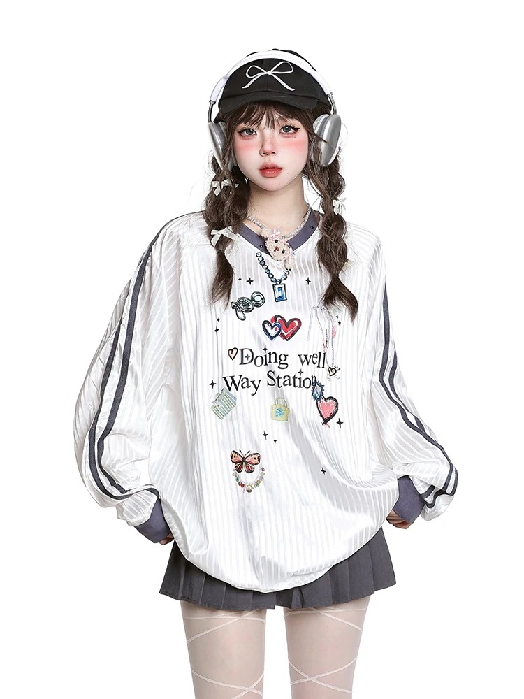 2025 春夏 トレンド トップスバイカラー甘辛MIX長袖 かわいいTシャツレディース韓国風ロゴ衣装ルーズゆったりカジュアルおしゃれサイズスリーブシルエットファッション系サイドシャツフットスウエット春