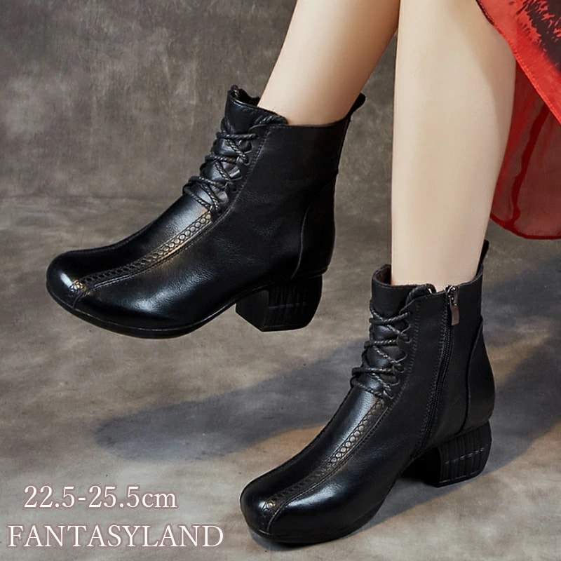 ショートブーツ レディース 本革 レースアップブーツ 革 ブーツ 太ヒール 痛くない 歩きやすい サイドジップ チャンキーヒール ラウンドトゥ レースアップ ファスナー 秋冬 歩きやすい 履きやす