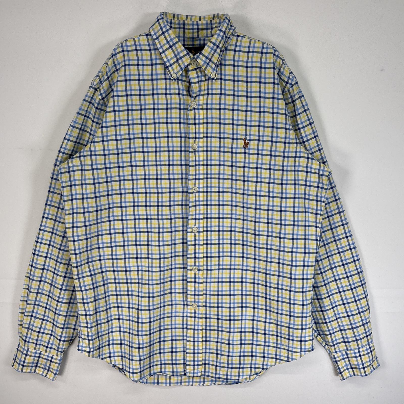 古着 長袖シャツ チェック ロゴ 刺繍 ボタンダウン M ブルー系 マルチカラー メンズ
