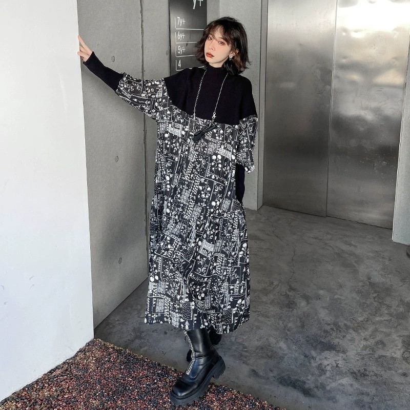 新作 おしゃれ 気質 花柄ワンピース ハイネックゆったり 切り替え ワンピース ニットワンピース シャツワンピース ロングワンピース
