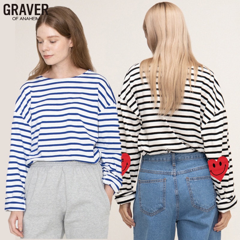 [UNISEX]エルボーハートスマイルストライプロングスリーブ_2color