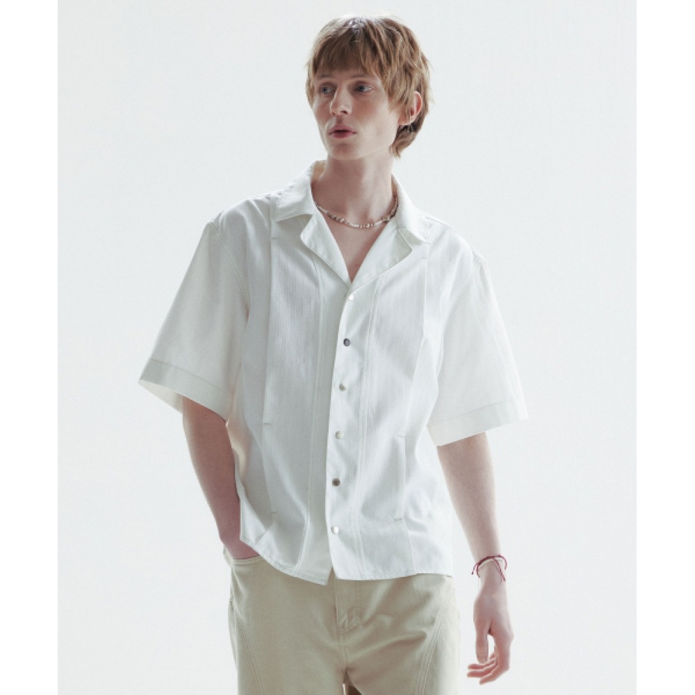 CHOWOO ヘリボーン プリーツ シャツ-ホワイト（男）