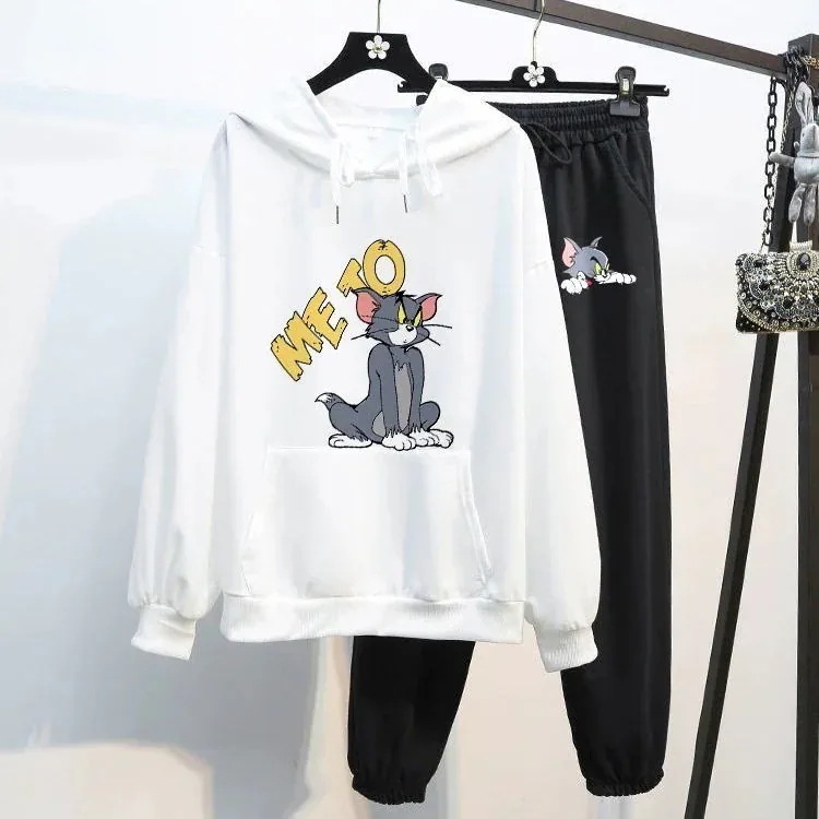 トムとジェリー 裏起毛 パンツとパーカーセットカジュアルパンツルーズスポーツプリントリングパンツ
