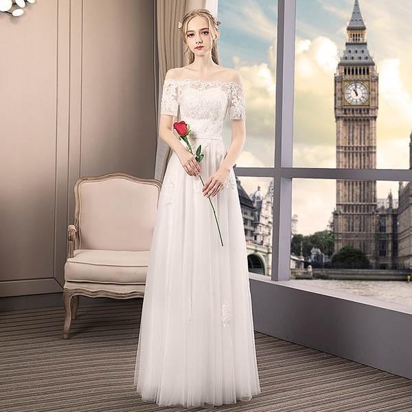 ウェディングドレス 演奏会 花嫁ドレス オフショルダー 編み上げタイプ プリンセスドレス レース パーティー