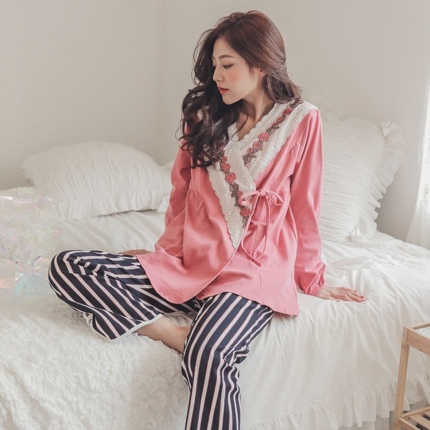 【日本未発売/送料無料】マタニティ パジャマ カシュクール サイドリボン 授乳口付き