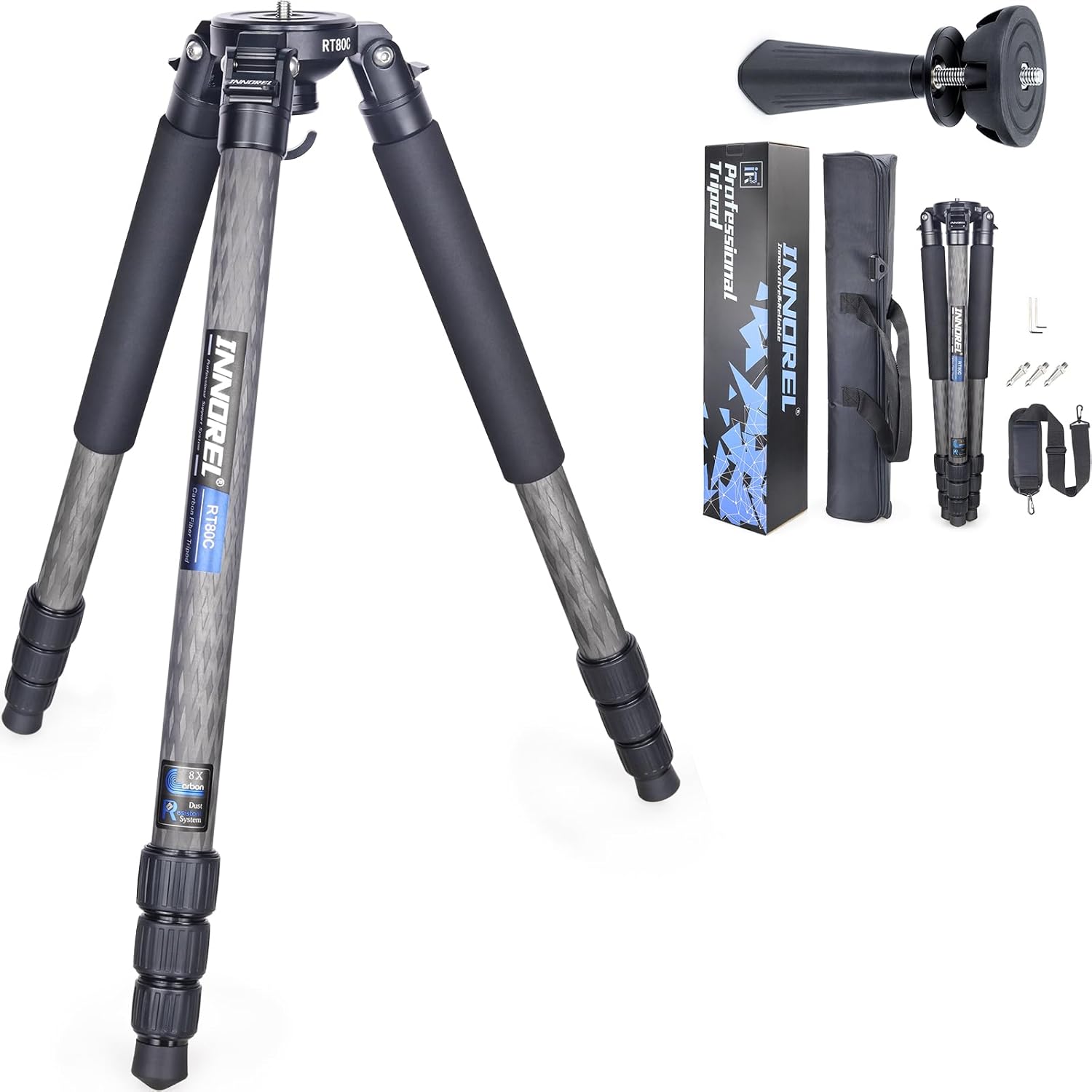 カーボン製三脚 ナットロック式 四段伸縮 12-160cm 耐荷重20kg 360パノラマ ボウルアダプター付き