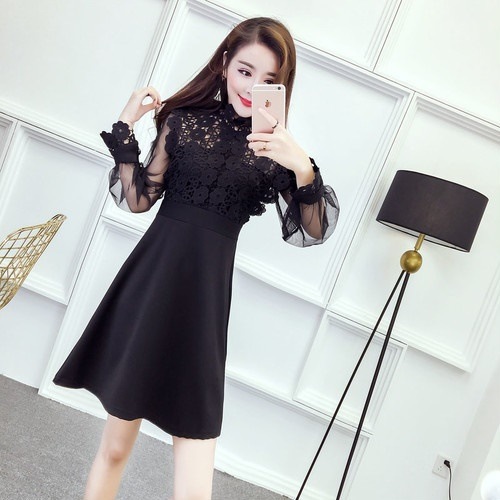 1893.花柄レースシースルードレスワンピース（ブラック）2019 春夏 sale 春夏 sale 長袖 エレガント お呼ばれ パーティー 結婚式 披露宴 二次会 女子会 レストラン デート