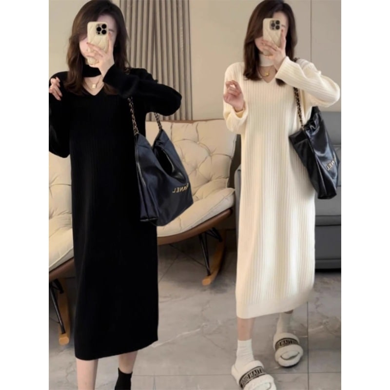 【1つ買うと10つ無料】秋と冬のvネック編み長袖のドレスフェミニンと薄い気質の中間のスカート内の長さ