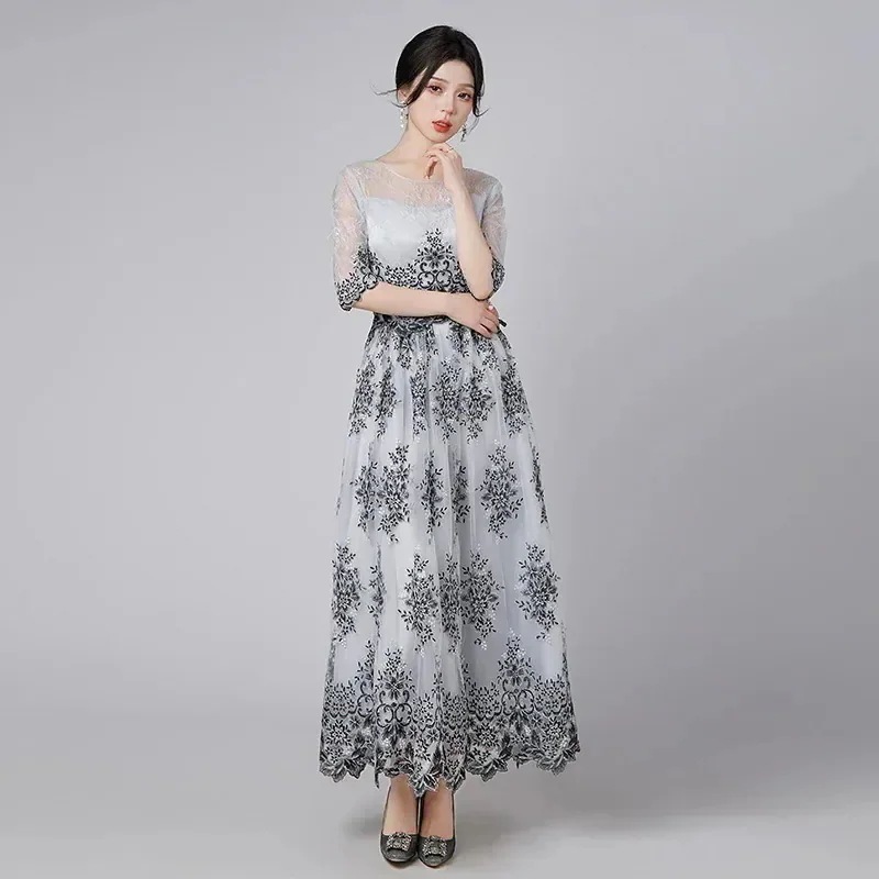 花柄 レース 卒業式 チュール ワンピース イブニングドレス 演奏会 着痩せ 披露宴 結婚式 同窓会 ウェディング 発表会 キャバ 大人 二次会 パーティードレス 【縁夢】