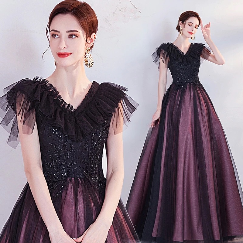 カラードレス Vネック 花嫁 撮影 ステージ 衣装 袖あり ロングドレス 演奏会 ブライト フォーマルドレス 二次会 結婚式 前撮りドレス イブニングドレス ハネムーンフォト ビーチフォト パーティー