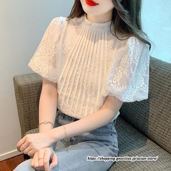 ブラウス パフスリーブ レディーストップス 半袖 シャツ レース 夏服 無地大人可愛い フォーマル エレガント ボリューム袖 お呼ばれ 二次会 通学通勤 40代 刺繍