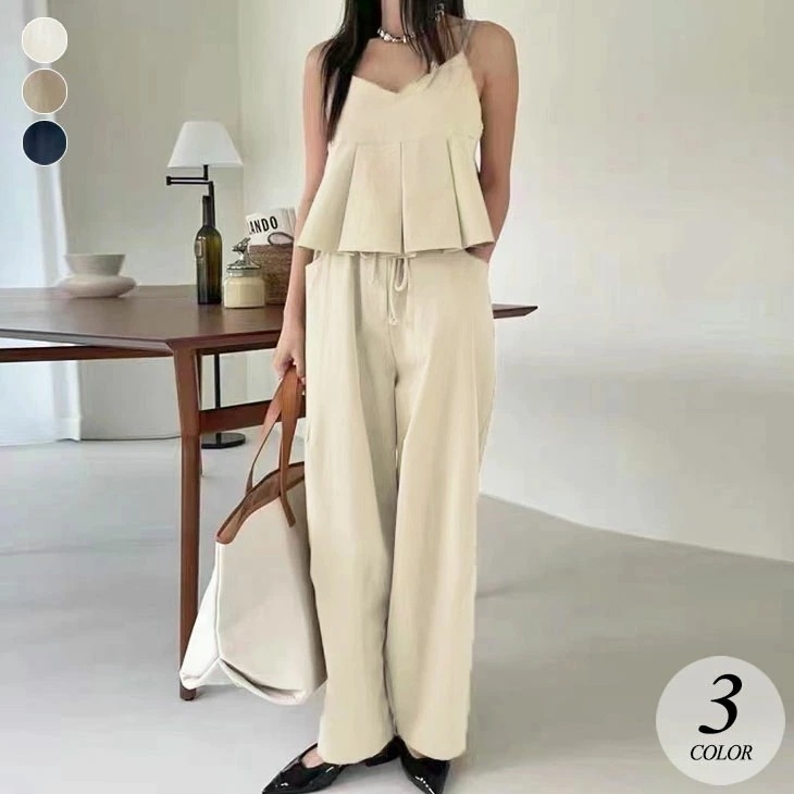 【2025新作 急速出荷】セットアップ フリル ペプラム キャミソール トップス パンツ セットアップ 上下 セット ロングパンツ 長ズボン 楽ちん ゆったり きれいめ カジュアル フェミニン 春