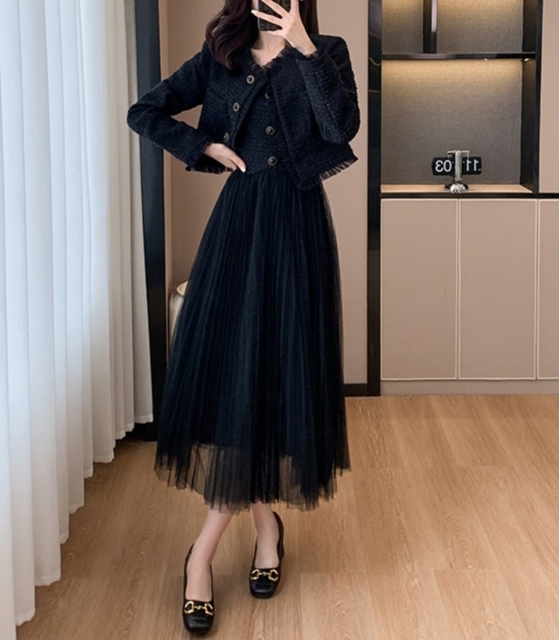 セットアップ ベスト ジャケット ジャンパースカート ミモレ丈 ロング 長袖 上下セット ツーピース きれいめ シンプル 大人 上品 おしゃれ セクシー 存在感 春 秋 冬 入学式 入園式 卒業式