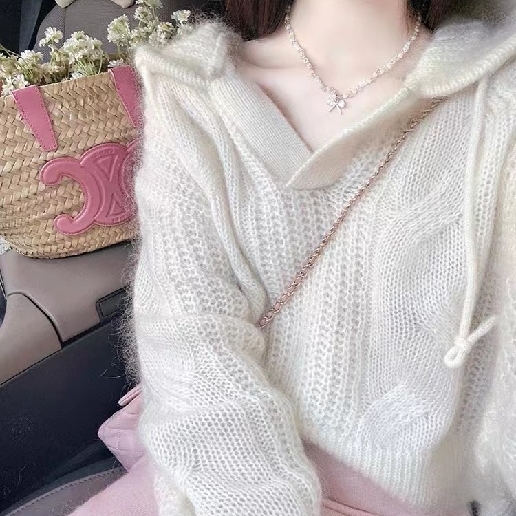 ミルクフフモチモチ馬海毛けだるいパフスリーブ連帽セーターニットバッグヒップスカート2枚セット秋冬