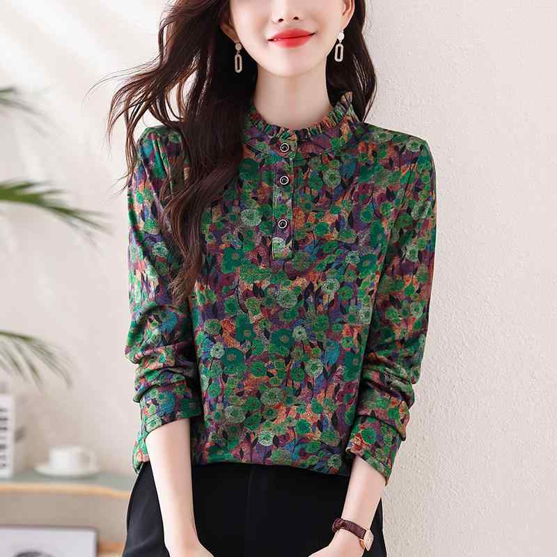 ブラウス レディース 春秋冬 きれいめ 女性 カジュアル プリント シャツ スタンドカラー プルオーバー 長袖 通勤 オフィス 薄手 軽量 柔らかい トップス お腹 カバー スリム フィット