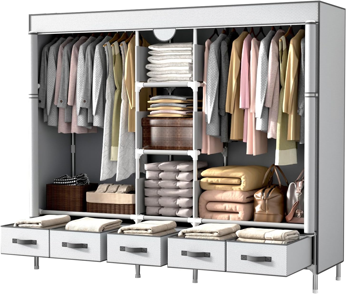 ワードローブ 引き出し5つ付き 大容量 収納 クローゼット おしゃれ 不織布 簡単組立式 ハンガーラック 収納棚 防水 防塵 防汚（185×奥行45×高さ170cm） (ライトグレー)