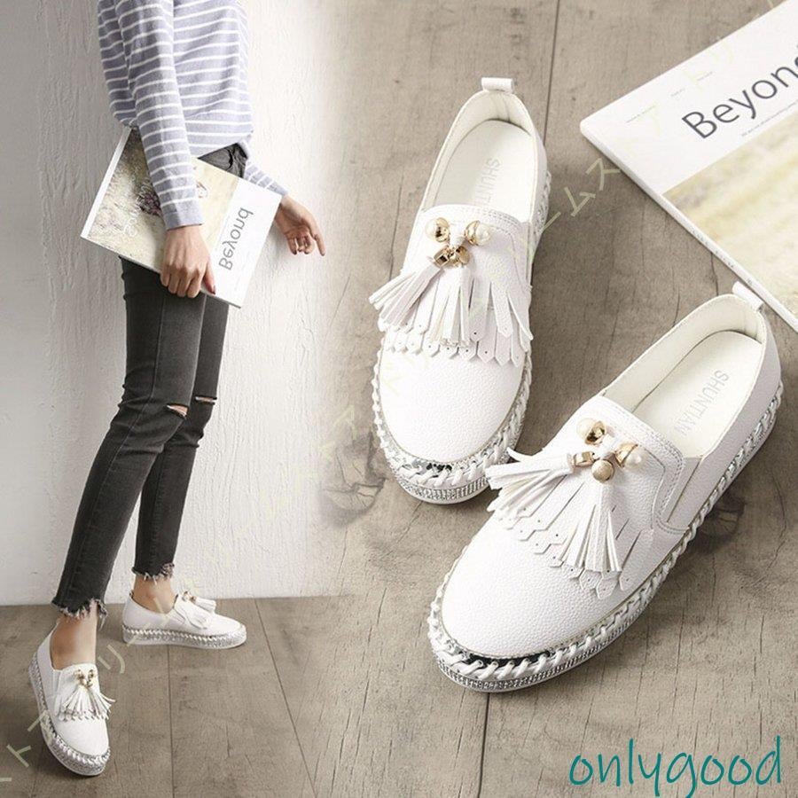 【HLC】スリッポン スニーカー レディース 厚底 本革 白 黒 ローファー ローカット ぺたんこ靴 大きいサイズ フリンジ おしゃれ カジュアルシューズ フラットシューズ