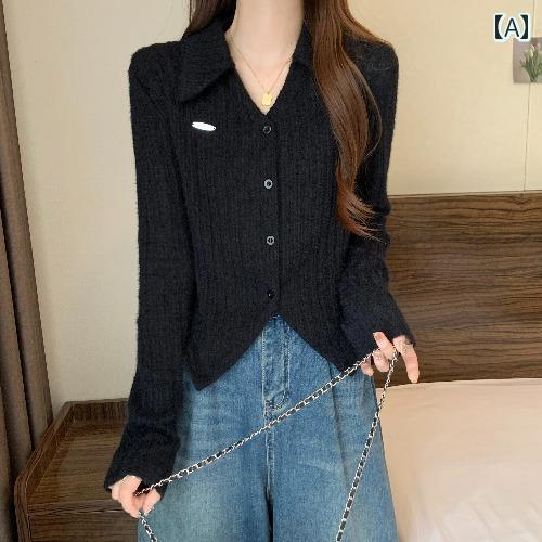 大柄女性向け春襟付きカーディガンぽっちゃりんもぴったりスリムシャツスタイル引き締めます短めシャツニット素材