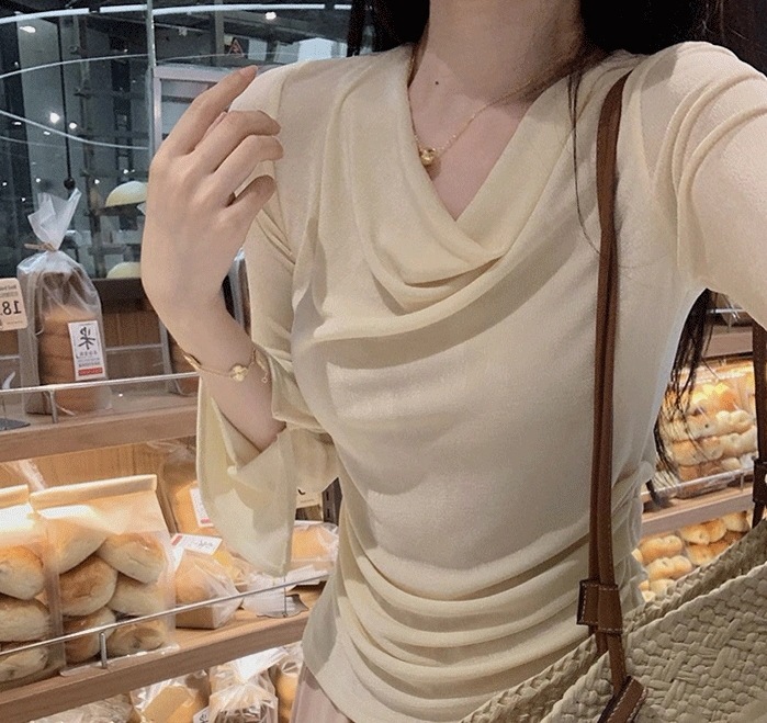 シアーシャツ 透け感 ルーズ ゆる カットソー レギュラー丈 長袖 ラウンドネック 細身 ストレート ワイド スマート 裾イン シフォン スリット シースルー 伸縮性 薄手 UVカット 大人可愛い