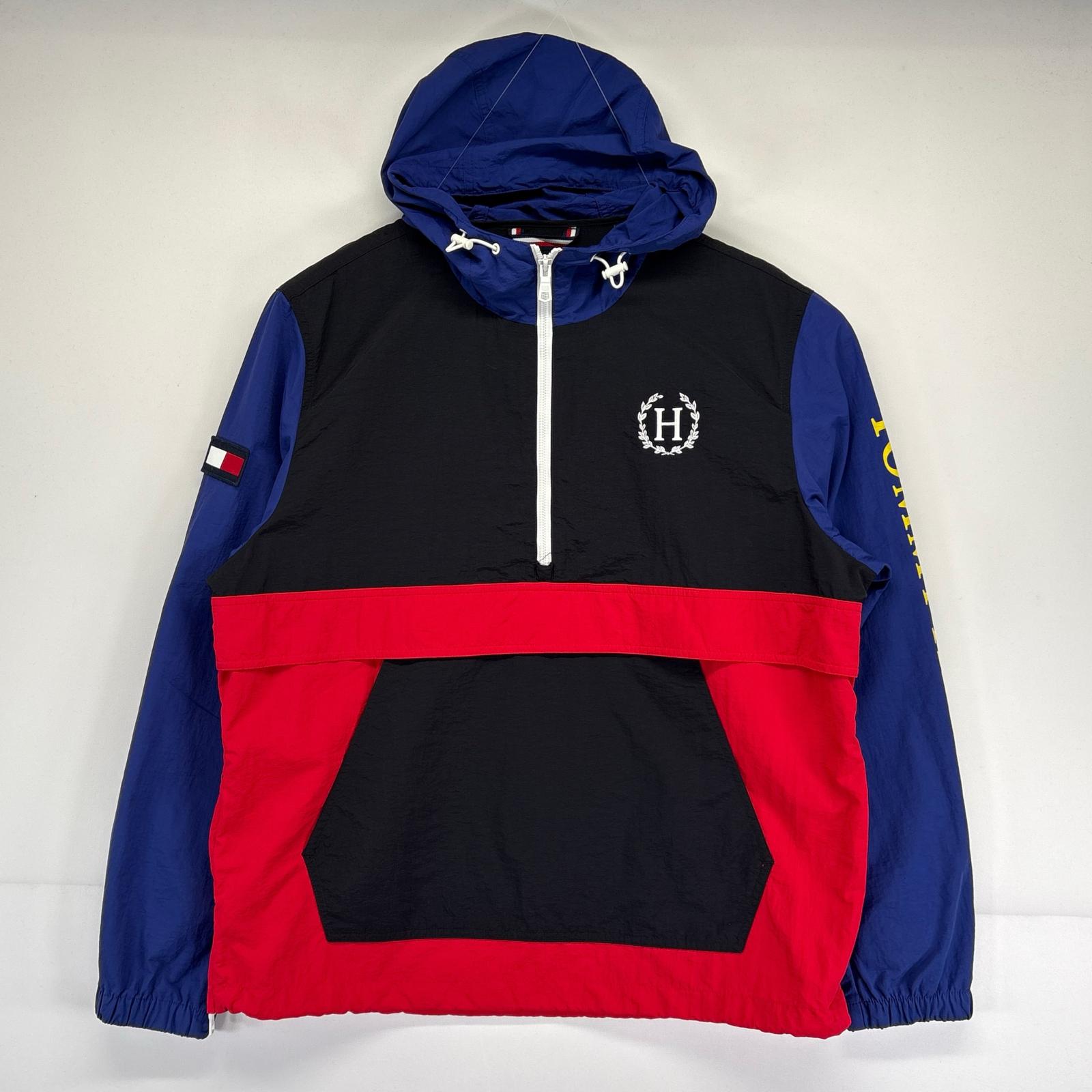 古着 ナイロンジャケット アノラック ハーフジップ プルオーバー ロゴプリント ワッペン L マルチカラー メンズ