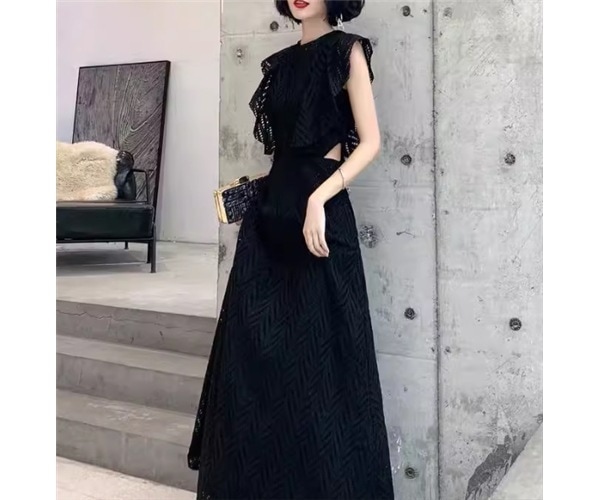 レディース ドレス イブニングドレス パーティードレス ロング マキシ 袖なし ノースリーブ ラウンドネック スリム 細身 フェミニン フリル 大人可愛い きれいめ シンプル 上品 おしゃれ