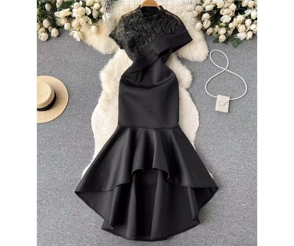 レディース プルオーバー ドレス イブニングドレス ミモレ 不規則 半袖 Aライン レース 刺繍 ファスナー ハイウエスト 切り替えデザイン 大人可愛い きれいめ 上品 おしゃれ かっこいい こなれ感