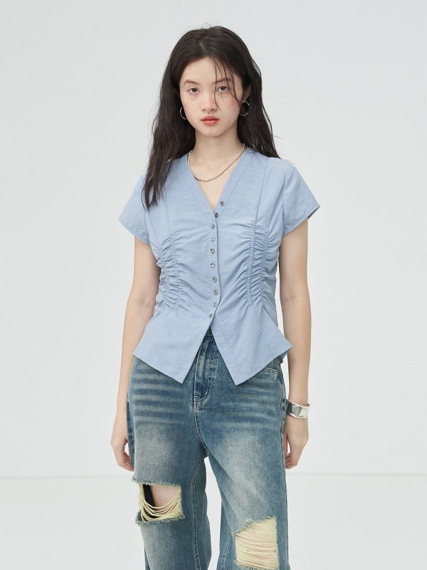 オモントエッグタルトレトロシワ半袖シャツシアシンニッチデザインウエストスリミングトップス