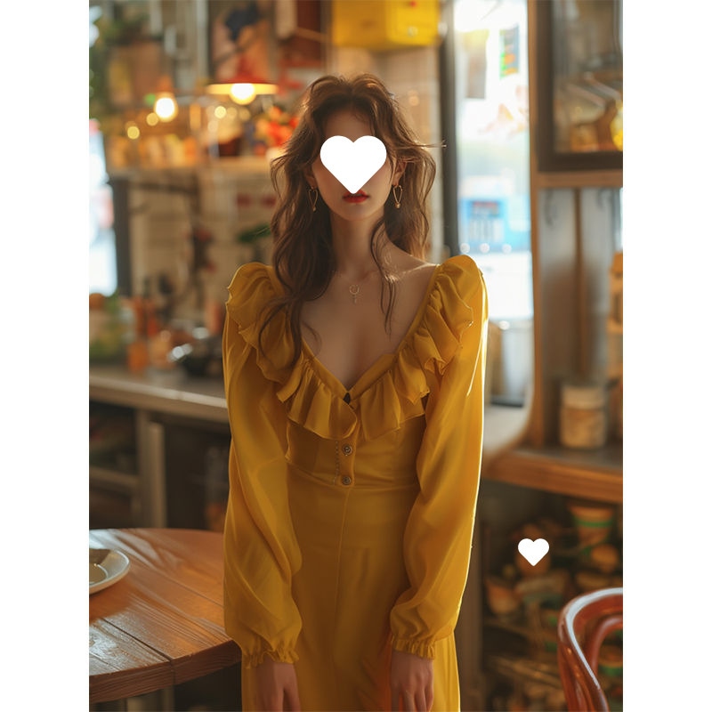 2025年秋の女性のためのフレンチvネック長袖ドレスエレガントでまともなフリルのaラインウエストスカート