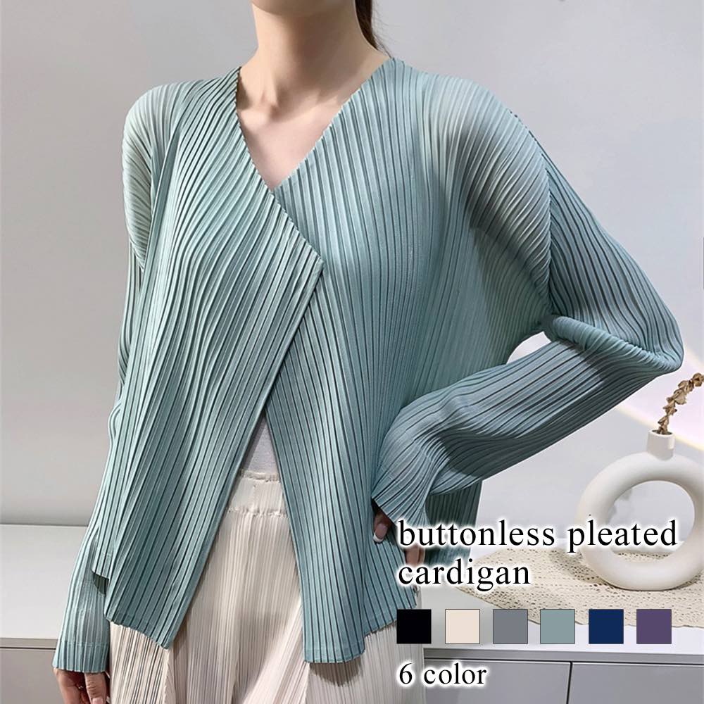 カーディガン レディース ボタンレスプリーツカーディガン 人気 きれいめ 秋 ロング ブラック ニット ゆったり Vネック 冬 ジャケット おしゃれ 春 暖かい ショート丈 あったか ブランド 大きい